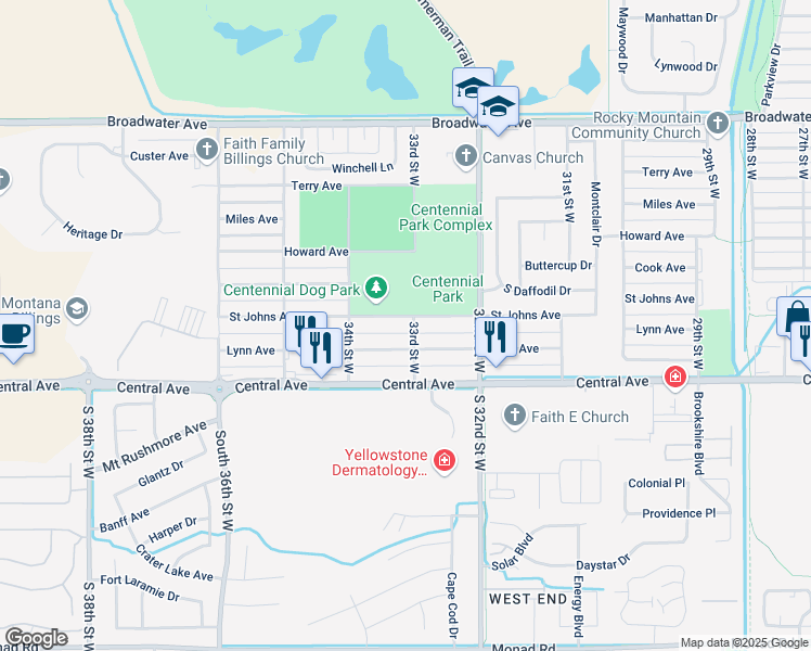 map of restaurants, bars, coffee shops, grocery stores, and more near 140 33rd Street West in Billings