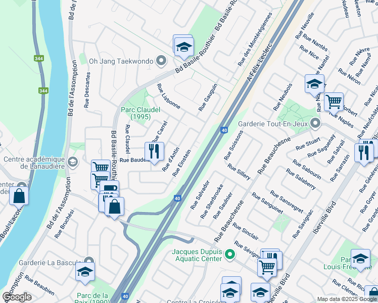 map of restaurants, bars, coffee shops, grocery stores, and more near 998 Einstein Street in Repentigny