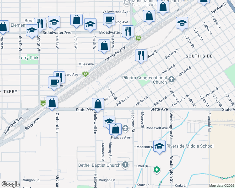 map of restaurants, bars, coffee shops, grocery stores, and more near 3942 2nd Avenue South in Billings