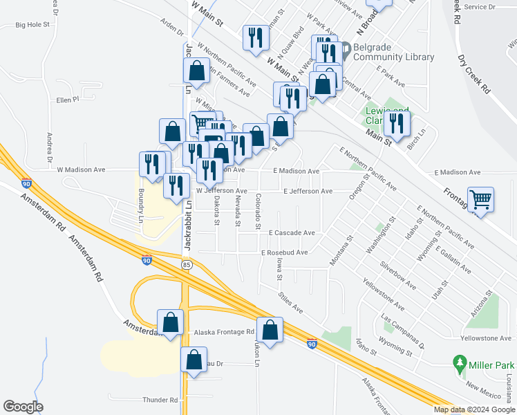 map of restaurants, bars, coffee shops, grocery stores, and more near E Custer Ave in Belgrade