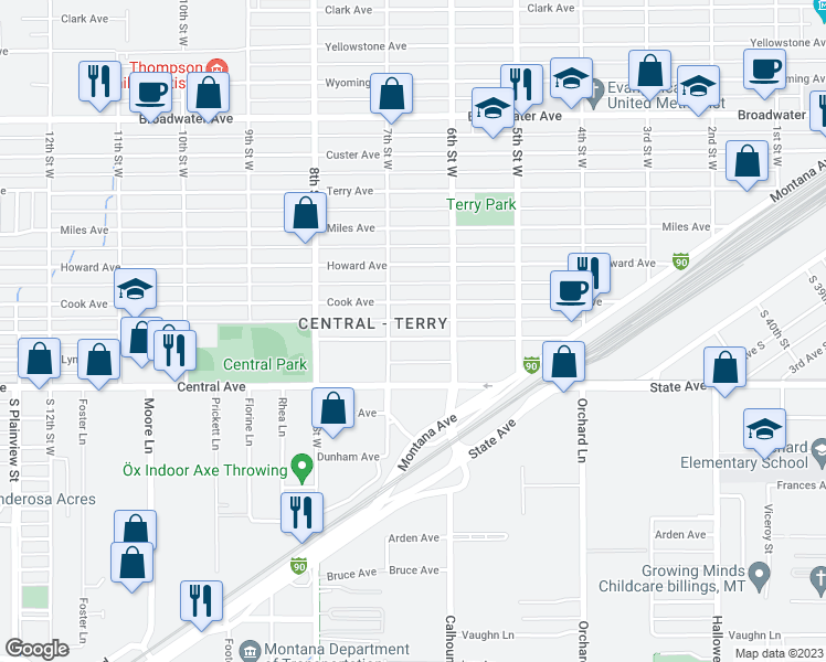 map of restaurants, bars, coffee shops, grocery stores, and more near 629 Saint Johns Avenue in Billings