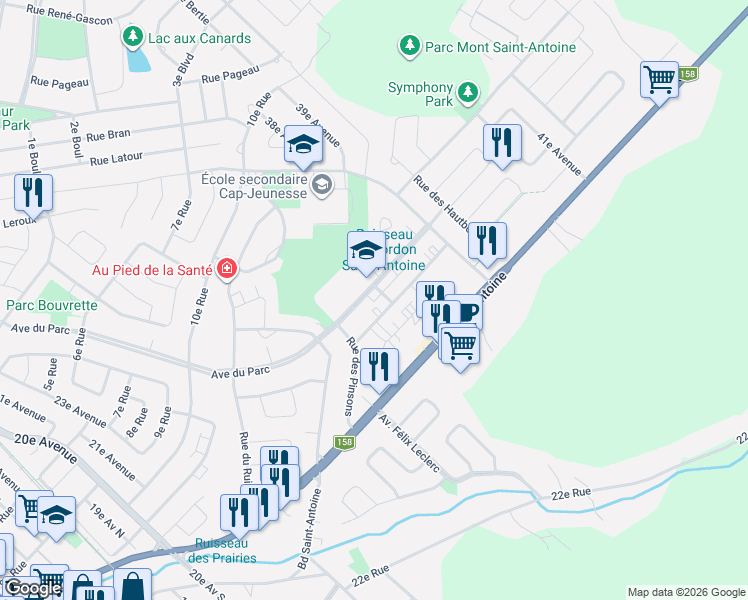 map of restaurants, bars, coffee shops, grocery stores, and more near 1202 Avenue du Parc in Saint-Jérôme