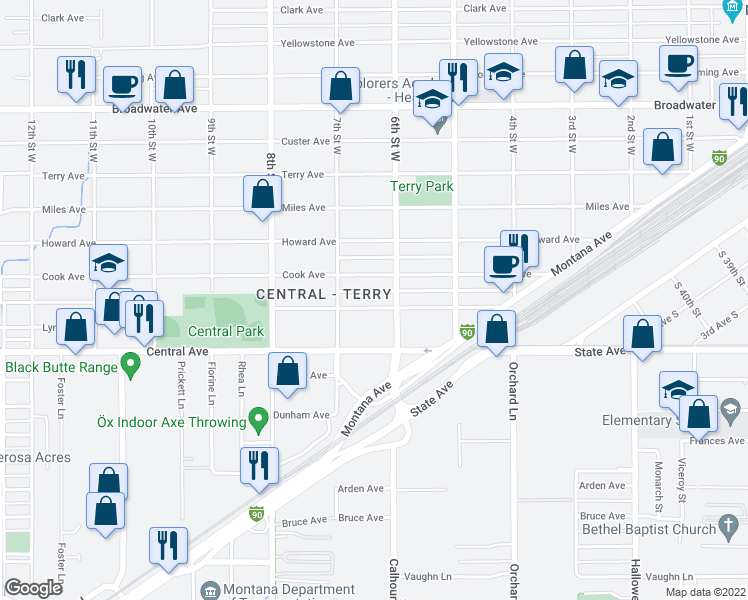 map of restaurants, bars, coffee shops, grocery stores, and more near 617 Saint Johns Avenue in Billings