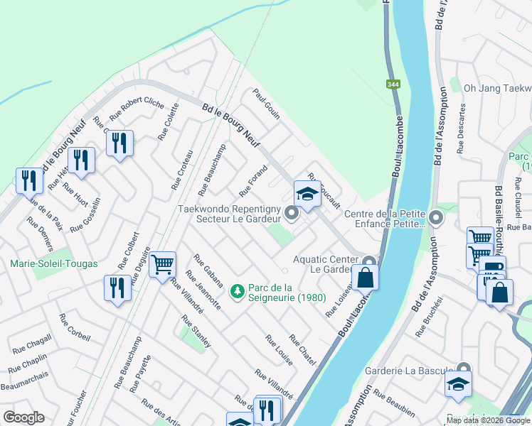map of restaurants, bars, coffee shops, grocery stores, and more near 697 Rue de Chinon in Repentigny