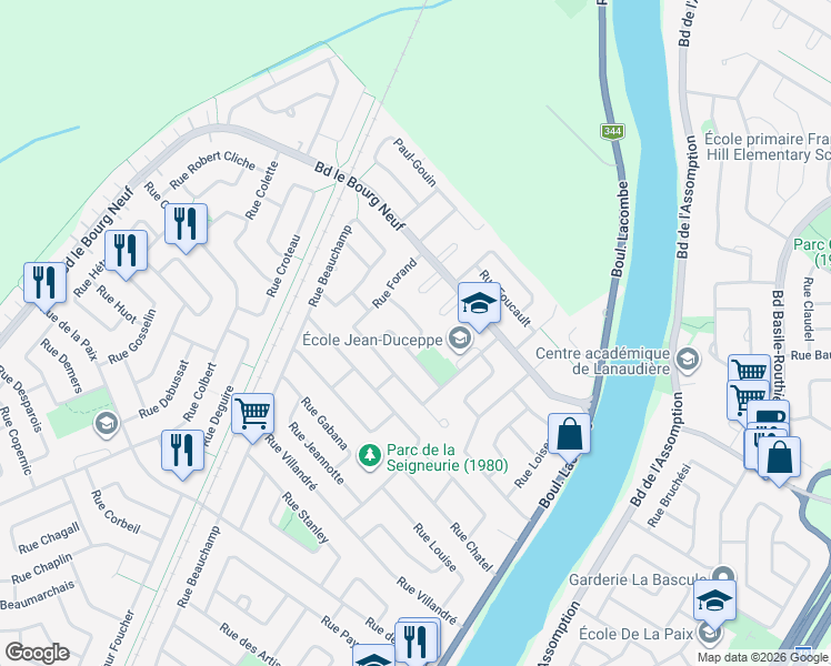 map of restaurants, bars, coffee shops, grocery stores, and more near 697 Rue de Chinon in Repentigny