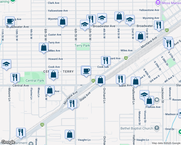 map of restaurants, bars, coffee shops, grocery stores, and more near 444 Saint Johns Avenue in Billings