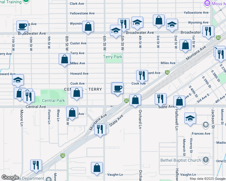 map of restaurants, bars, coffee shops, grocery stores, and more near 500-598 St Johns Ave in Billings
