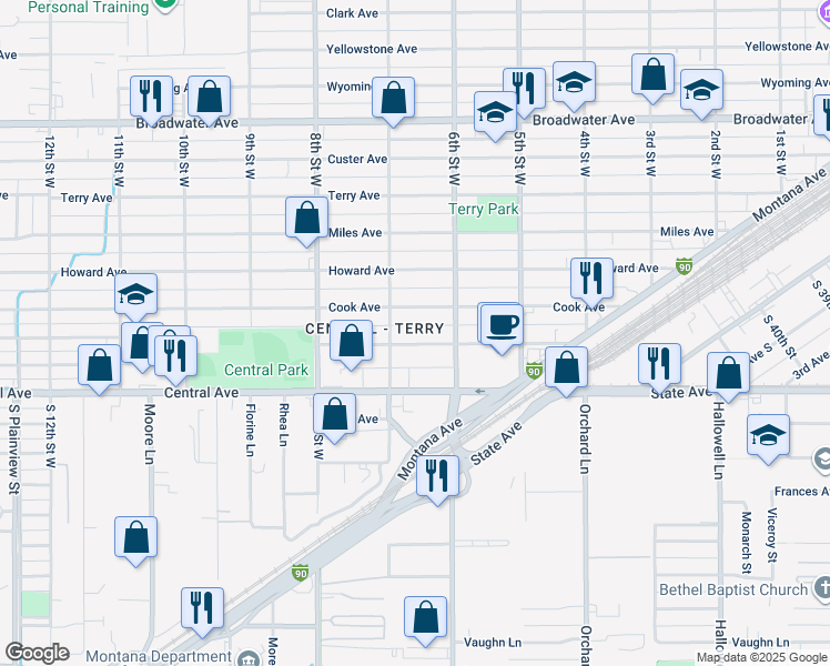 map of restaurants, bars, coffee shops, grocery stores, and more near 640 Saint Johns Avenue in Billings