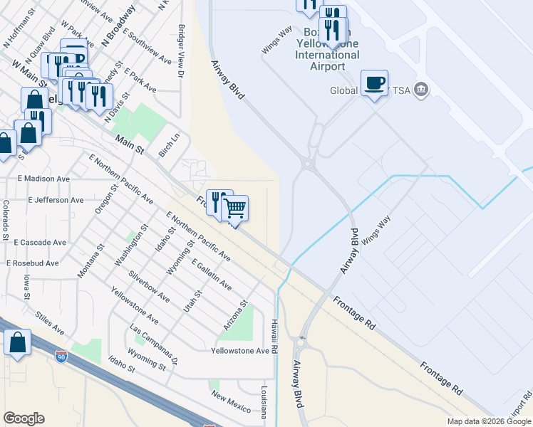 map of restaurants, bars, coffee shops, grocery stores, and more near 20703-20999 Interstate 90 Frontage Road in Belgrade