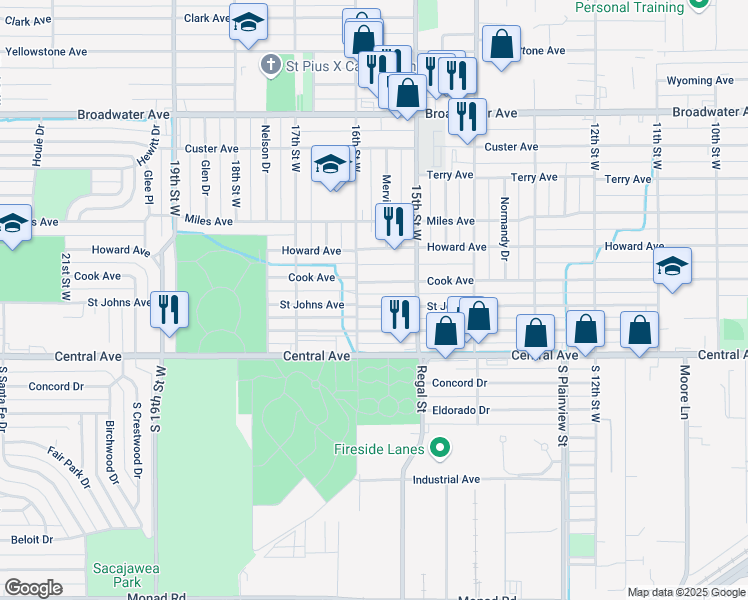map of restaurants, bars, coffee shops, grocery stores, and more near 1520 Saint Johns Avenue in Billings