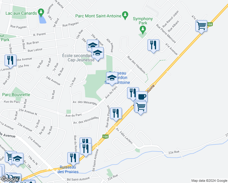 map of restaurants, bars, coffee shops, grocery stores, and more near 1200 Avenue du Parc in Saint-Jérôme