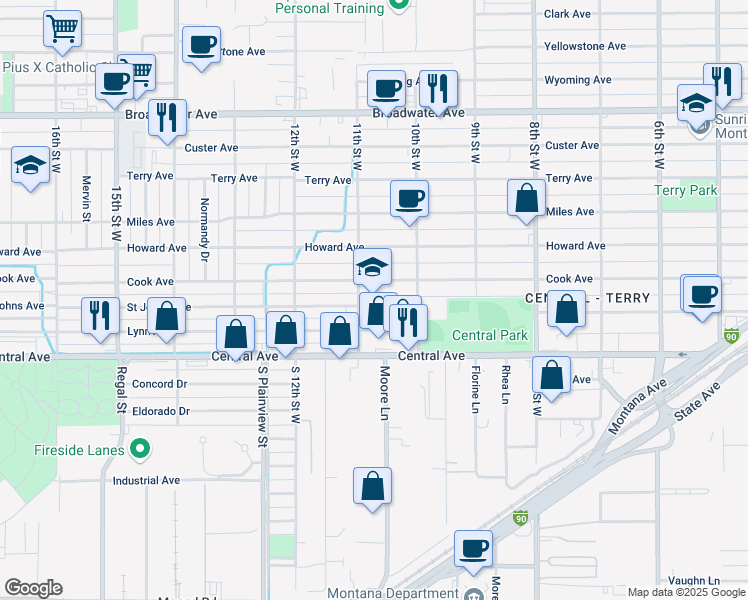 map of restaurants, bars, coffee shops, grocery stores, and more near 1044 Cook Avenue in Billings
