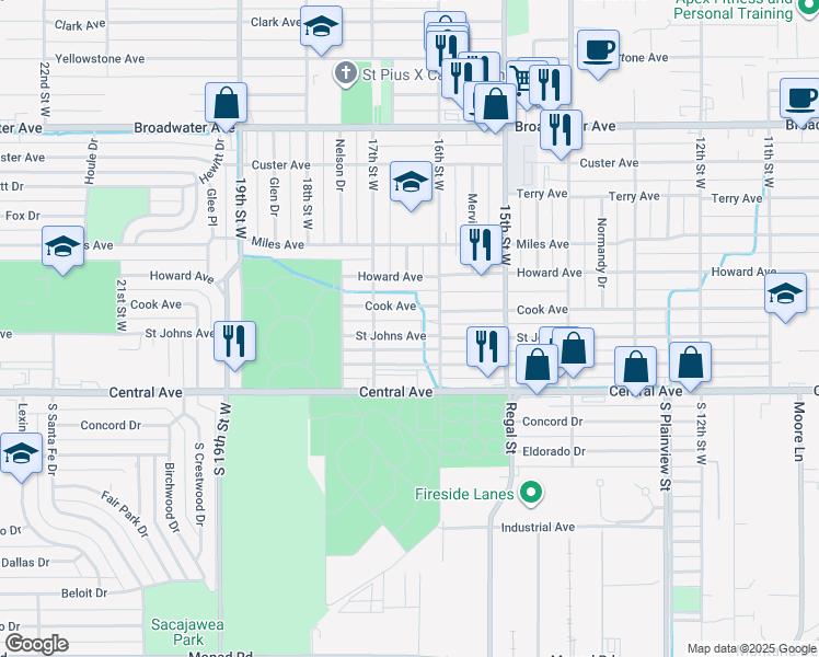 map of restaurants, bars, coffee shops, grocery stores, and more near 1626 Saint Johns Avenue in Billings