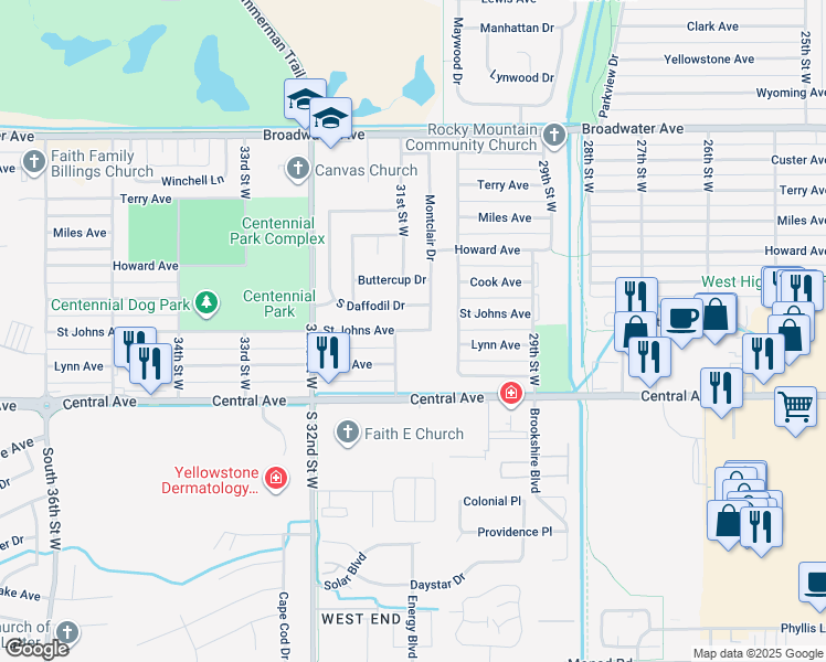 map of restaurants, bars, coffee shops, grocery stores, and more near 3051 Saint Johns Avenue in Billings