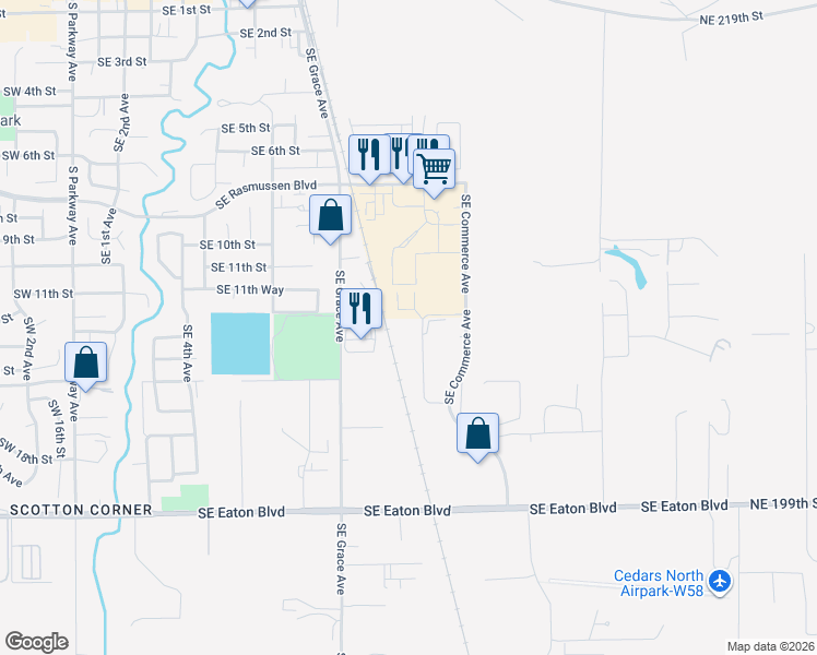 map of restaurants, bars, coffee shops, grocery stores, and more near 1420 Southeast 14th Place in Battle Ground