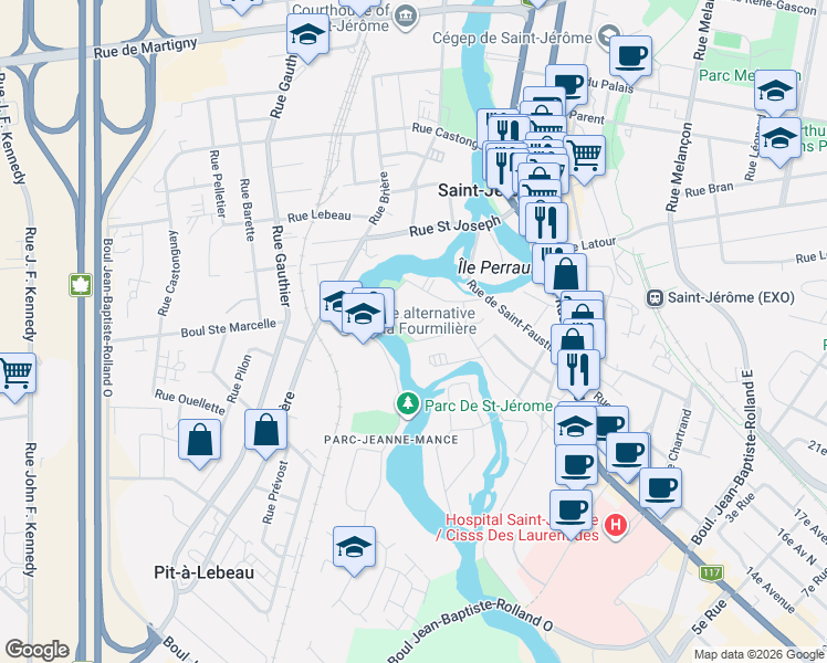 map of restaurants, bars, coffee shops, grocery stores, and more near 11 Rue Sigefroy in Saint-Jérôme