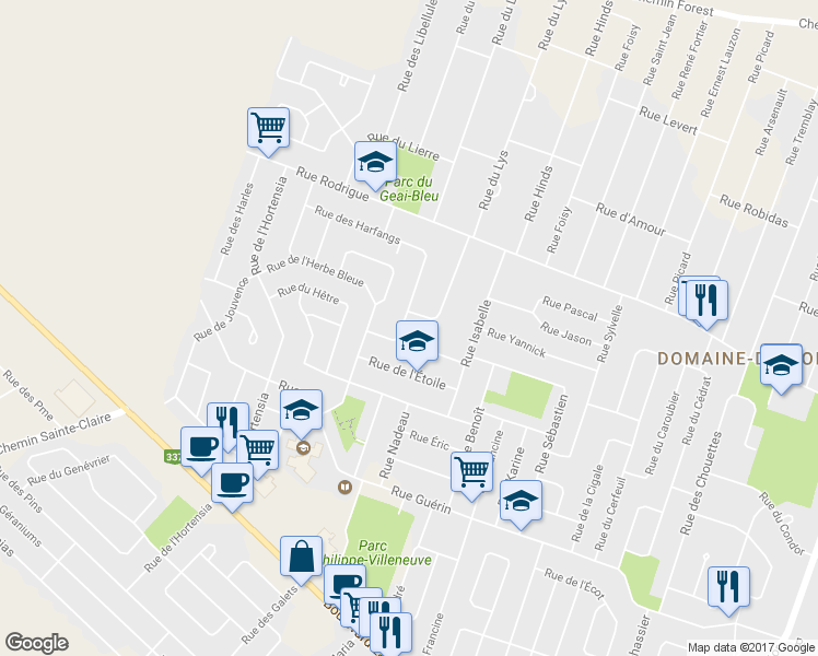 map of restaurants, bars, coffee shops, grocery stores, and more near 6623 Rue des Harfangs in Terrebonne