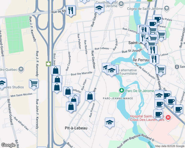 map of restaurants, bars, coffee shops, grocery stores, and more near 345 Rue de Sainte-Marcelle in Saint-Jérôme