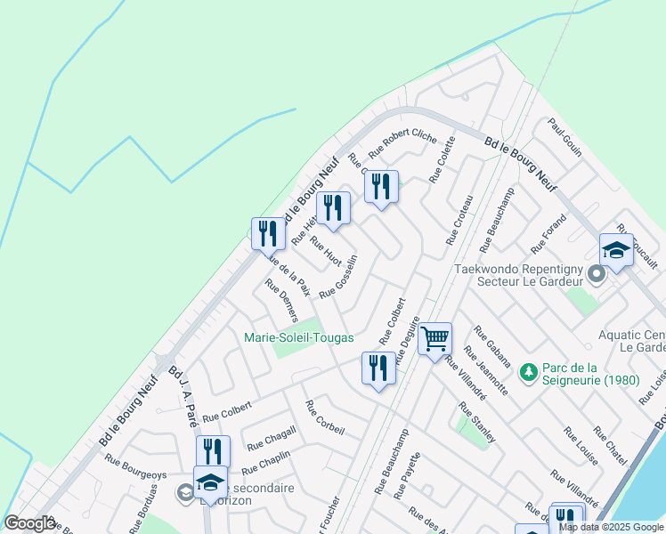 map of restaurants, bars, coffee shops, grocery stores, and more near 260A Rue Hétu in Repentigny
