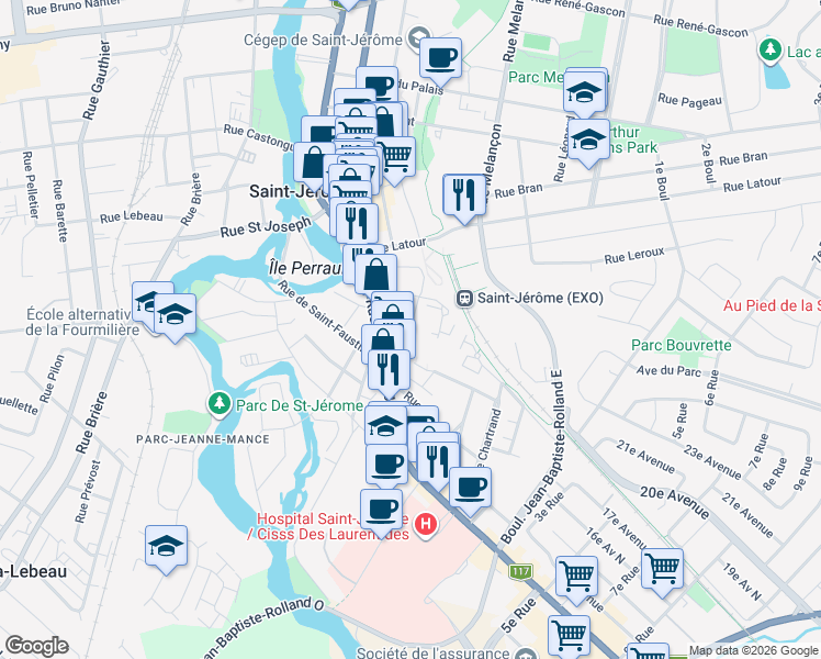 map of restaurants, bars, coffee shops, grocery stores, and more near 340 Rue de Sainte-Lucie in Saint-Jérôme