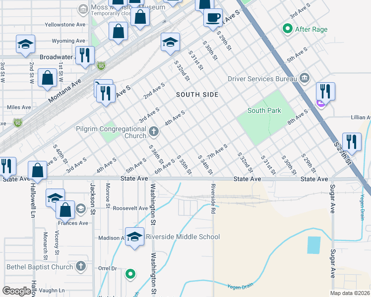 map of restaurants, bars, coffee shops, grocery stores, and more near 605 South 35th Street in Billings