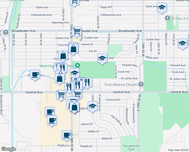 map of restaurants, bars, coffee shops, grocery stores, and more near 2260 Saint Johns Avenue in Billings