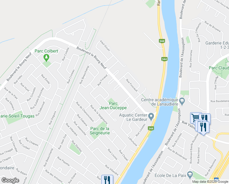 map of restaurants, bars, coffee shops, grocery stores, and more near 168 Croissant Françoise-Loranger in Repentigny
