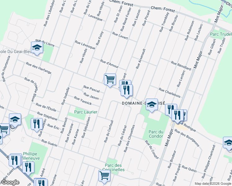 map of restaurants, bars, coffee shops, grocery stores, and more near 6260 Rue Rodrigue in Terrebonne