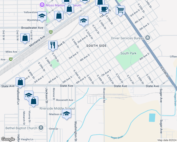 map of restaurants, bars, coffee shops, grocery stores, and more near 515 South 35th Street in Billings