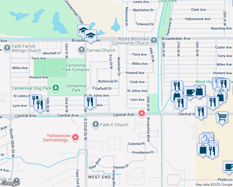 map of restaurants, bars, coffee shops, grocery stores, and more near 3051 Saint Johns Avenue in Billings