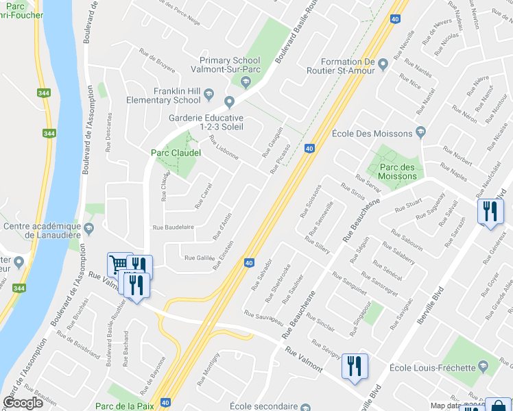 map of restaurants, bars, coffee shops, grocery stores, and more near 986C Rue Einstein in Repentigny