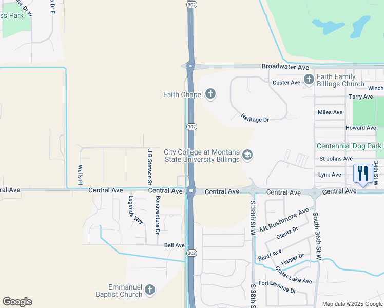 map of restaurants, bars, coffee shops, grocery stores, and more near 177 40th Street West in Billings