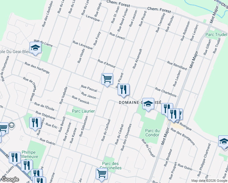 map of restaurants, bars, coffee shops, grocery stores, and more near 6260 Rue Rodrigue in Terrebonne