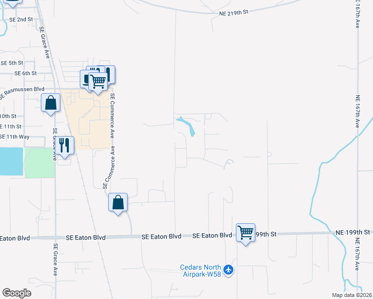 map of restaurants, bars, coffee shops, grocery stores, and more near Southeast 21st Avenue in Battle Ground
