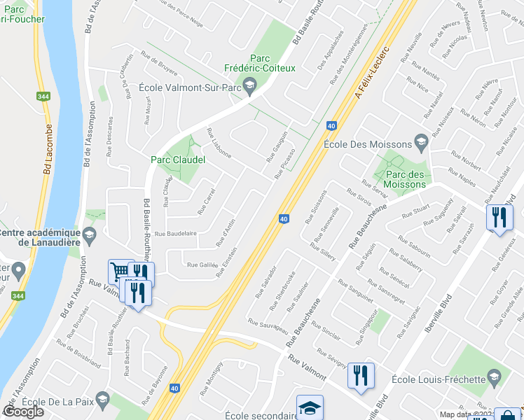 map of restaurants, bars, coffee shops, grocery stores, and more near 986 Rue Einstein in Repentigny