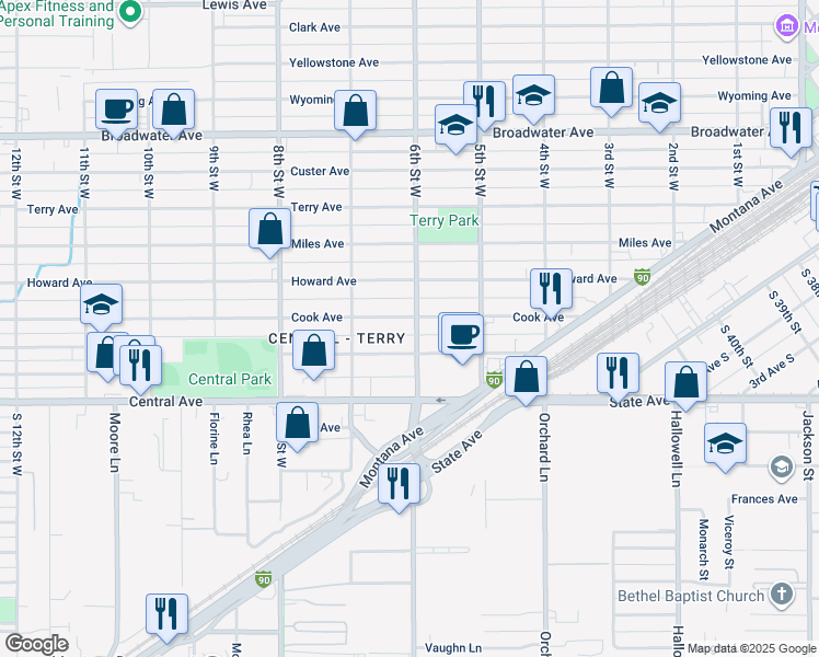 map of restaurants, bars, coffee shops, grocery stores, and more near 607 Cook Avenue in Billings
