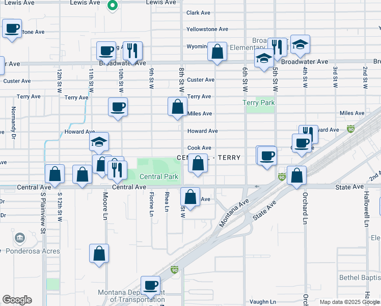 map of restaurants, bars, coffee shops, grocery stores, and more near 149 8th Street West in Billings