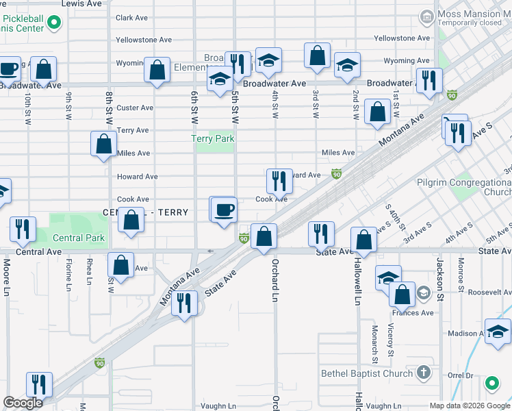 map of restaurants, bars, coffee shops, grocery stores, and more near 419 Cook Avenue in Billings