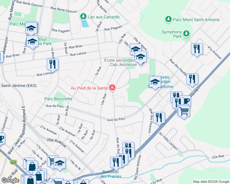 map of restaurants, bars, coffee shops, grocery stores, and more near 1182 11e Rue in Saint-Jérôme
