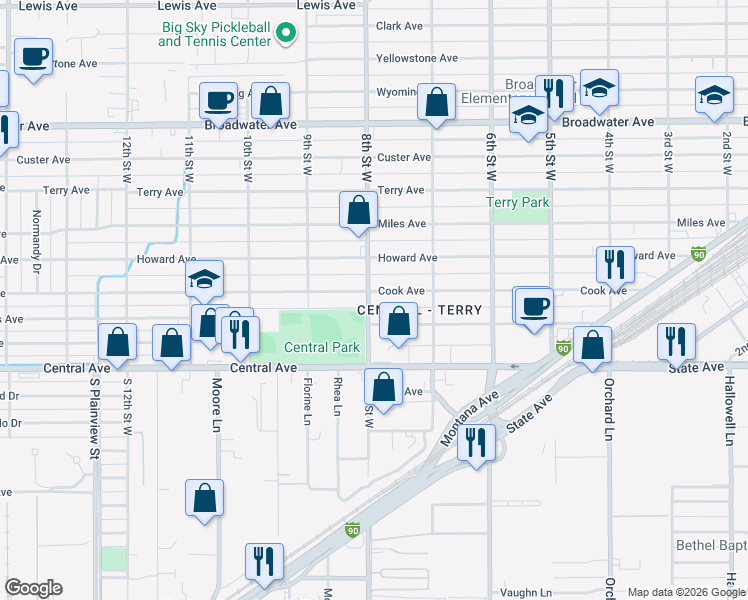 map of restaurants, bars, coffee shops, grocery stores, and more near 149 8th Street West in Billings