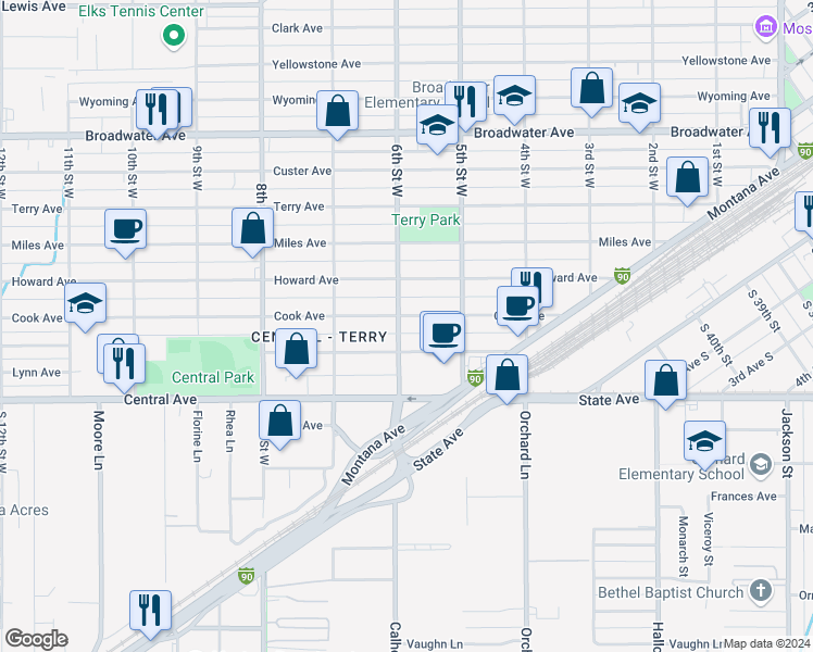 map of restaurants, bars, coffee shops, grocery stores, and more near 533 Cook Avenue in Billings