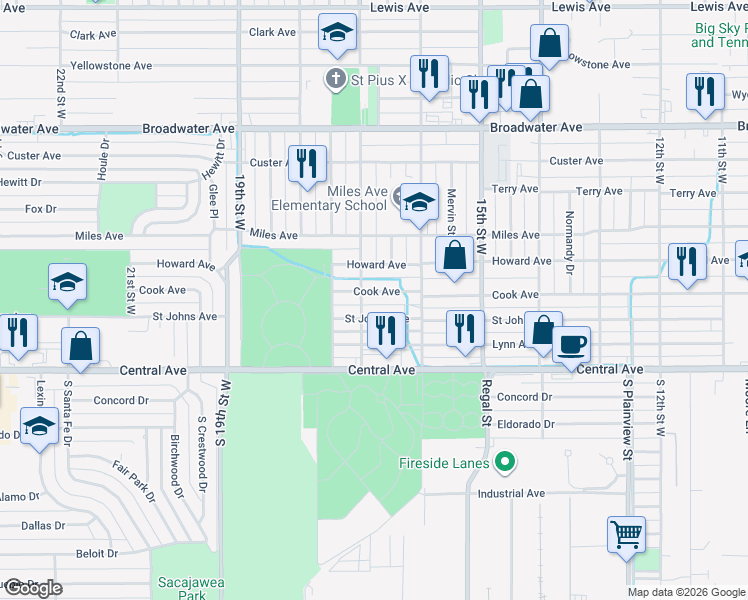 map of restaurants, bars, coffee shops, grocery stores, and more near 1623 Cook Ave in Billings