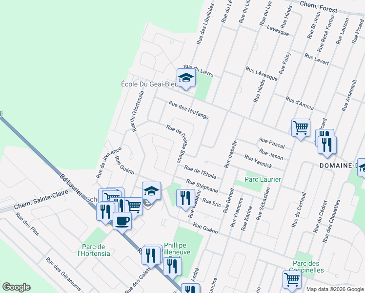 map of restaurants, bars, coffee shops, grocery stores, and more near 6960 Rue de l'Herbe Bleue in Terrebonne
