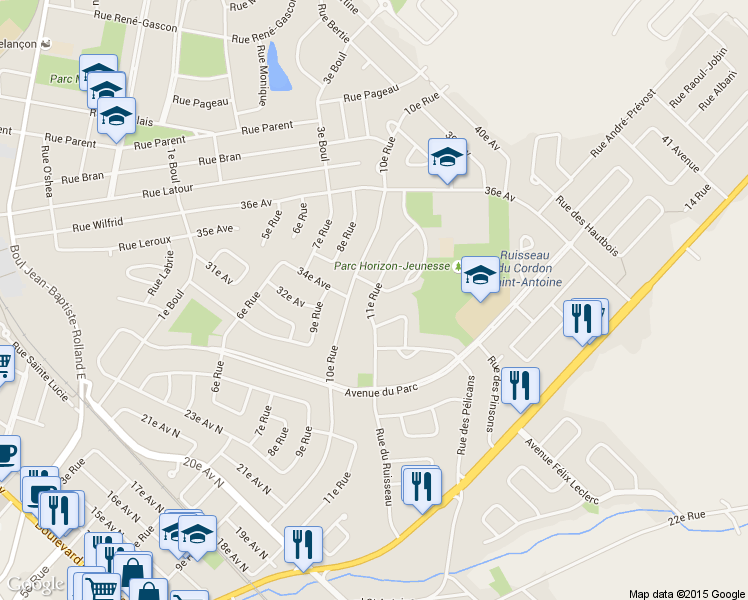 map of restaurants, bars, coffee shops, grocery stores, and more near 1182 11e Rue in Saint-Jérôme