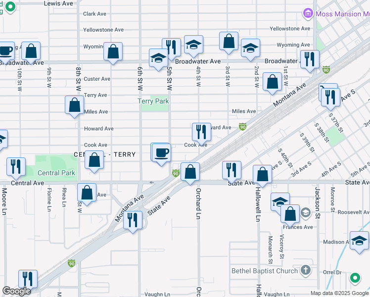 map of restaurants, bars, coffee shops, grocery stores, and more near 419 Cook Avenue in Billings
