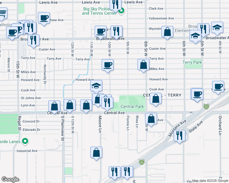 map of restaurants, bars, coffee shops, grocery stores, and more near 936 Cook Avenue in Billings