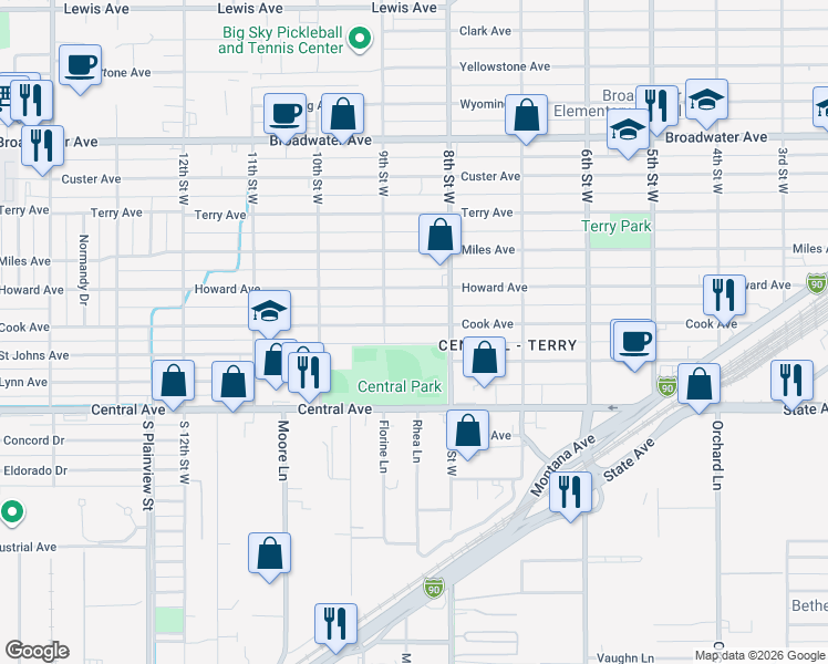 map of restaurants, bars, coffee shops, grocery stores, and more near 824 Howard Avenue in Billings