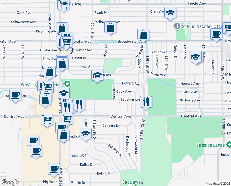 map of restaurants, bars, coffee shops, grocery stores, and more near 2039 Cook Avenue in Billings