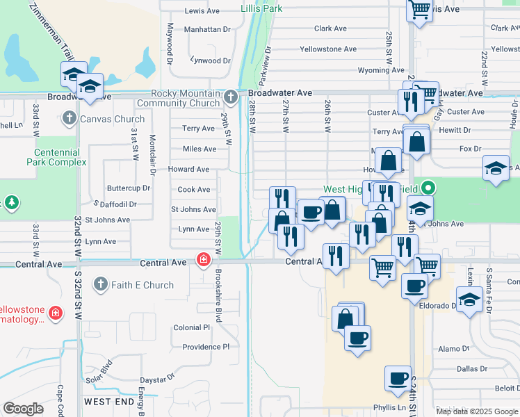 map of restaurants, bars, coffee shops, grocery stores, and more near 2720 Cook Avenue in Billings