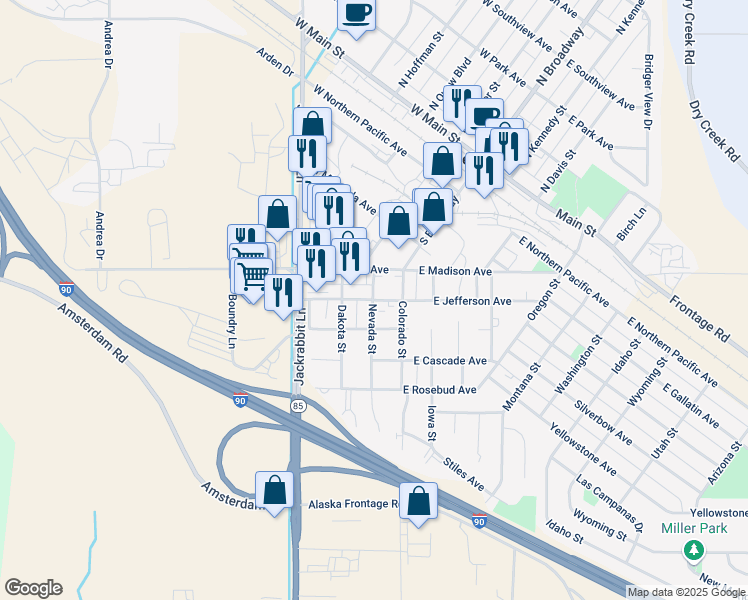 map of restaurants, bars, coffee shops, grocery stores, and more near 90 West Madison Avenue in Belgrade